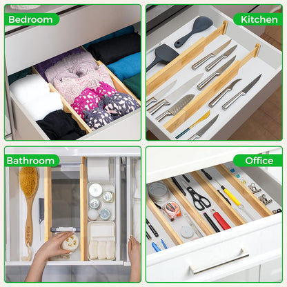 4 Pack Bamboo Drawer Dividers Organizer with Inserts 2.6'' High | Expandable from 12.5-21.7", Adjustable Drawer Organizer Separators for Utensils, Clothing, Office, Dresser, Bedroom, (Beige)