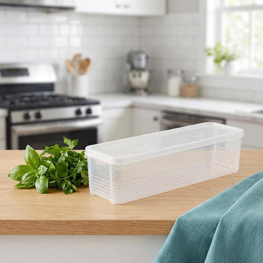 DECHOUS Long Plastic Food Storage Container with Lid for Scallions, Cilantro, Green Onions - Stackable, Airtight Clear Rectangular Food Container for Kitchen Fridge, 12x3.14x3 Inch