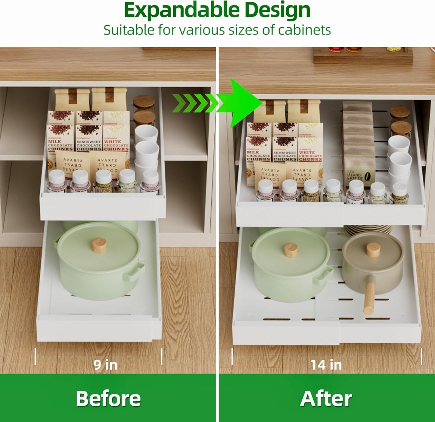 PAKETA 4 Pack Expandable Pull Out Cabinet Organizer,21" Deep | Pull Out Drawers for Cabinets with width from 12" to 20",Sliding Drawers for Cabinets with Upgrade 3 Slide Rails,hold 65 lbs