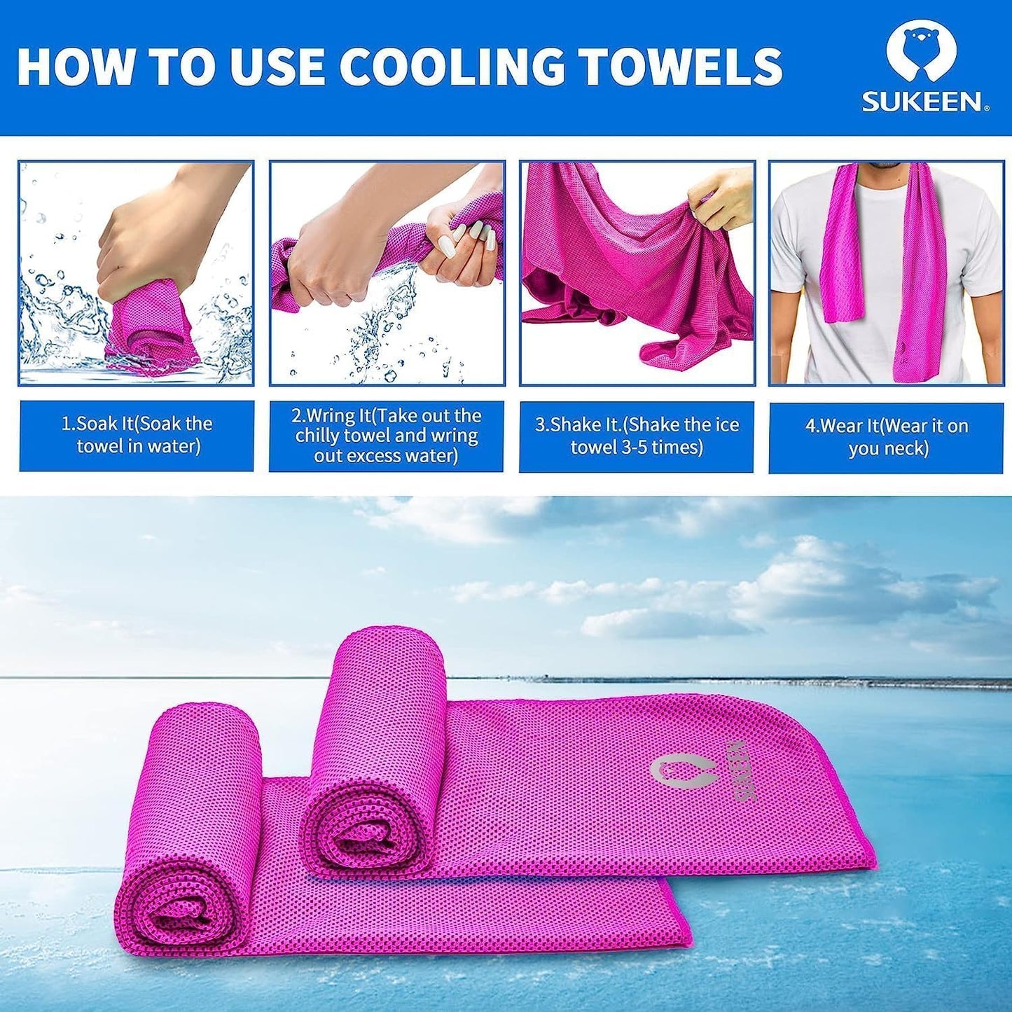 Sukeen Cooling Towels 6 Pack (40"x12"), Cooling Neck Wraps, Ice Towels, Microfiber Breathable Cooling Towel for Hot Weather, Sweat Towel for Gym, Sport, Running, Golf, Workout, Camping, Fitness