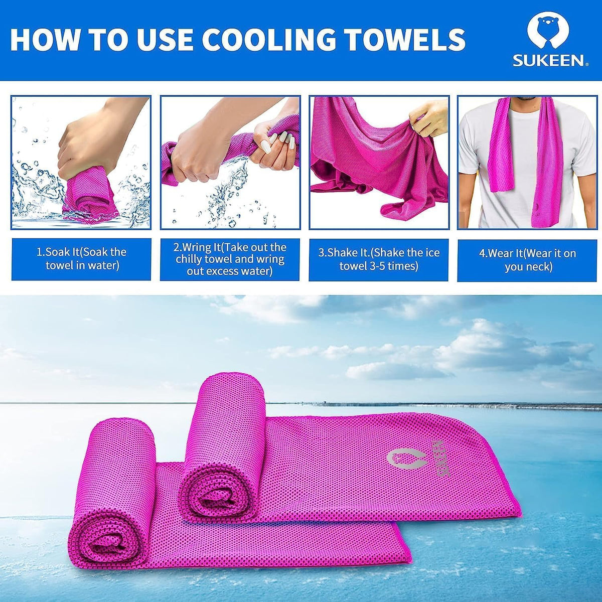 Sukeen Cooling Towels 6 Pack (40"x12"), Cooling Neck Wraps, Ice Towels, Microfiber Breathable Cooling Towel for Hot Weather, Sweat Towel for Gym, Sport, Running, Golf, Workout, Camping, Fitness
