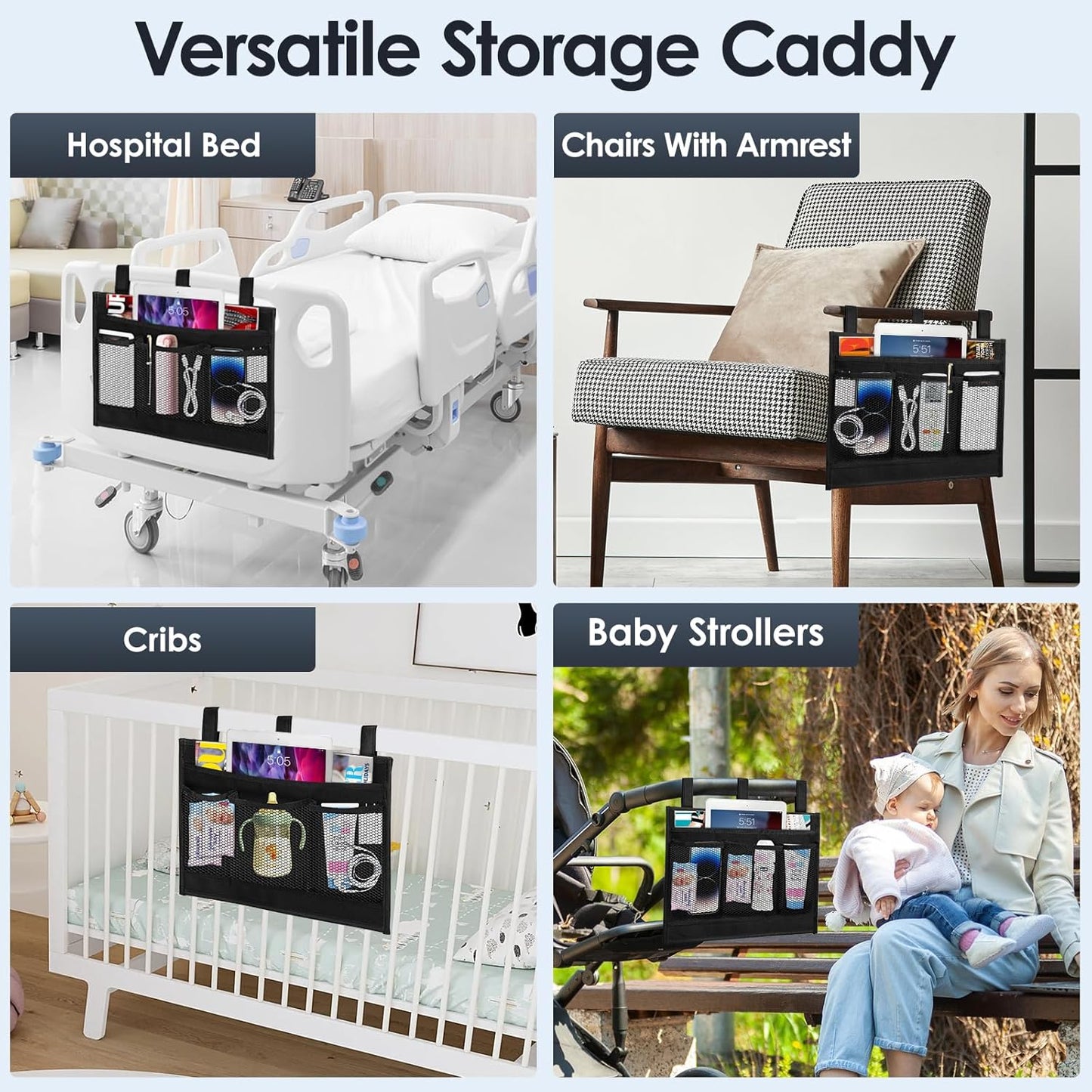 Bedside Caddy Storage Organizer, Hanging Storage Bag Pocket for Bunk/Hospital Beds,College Dorm Organizer for Remotes Phone,College Dorm,Camp,Bed Rails(4 Pockets),Black