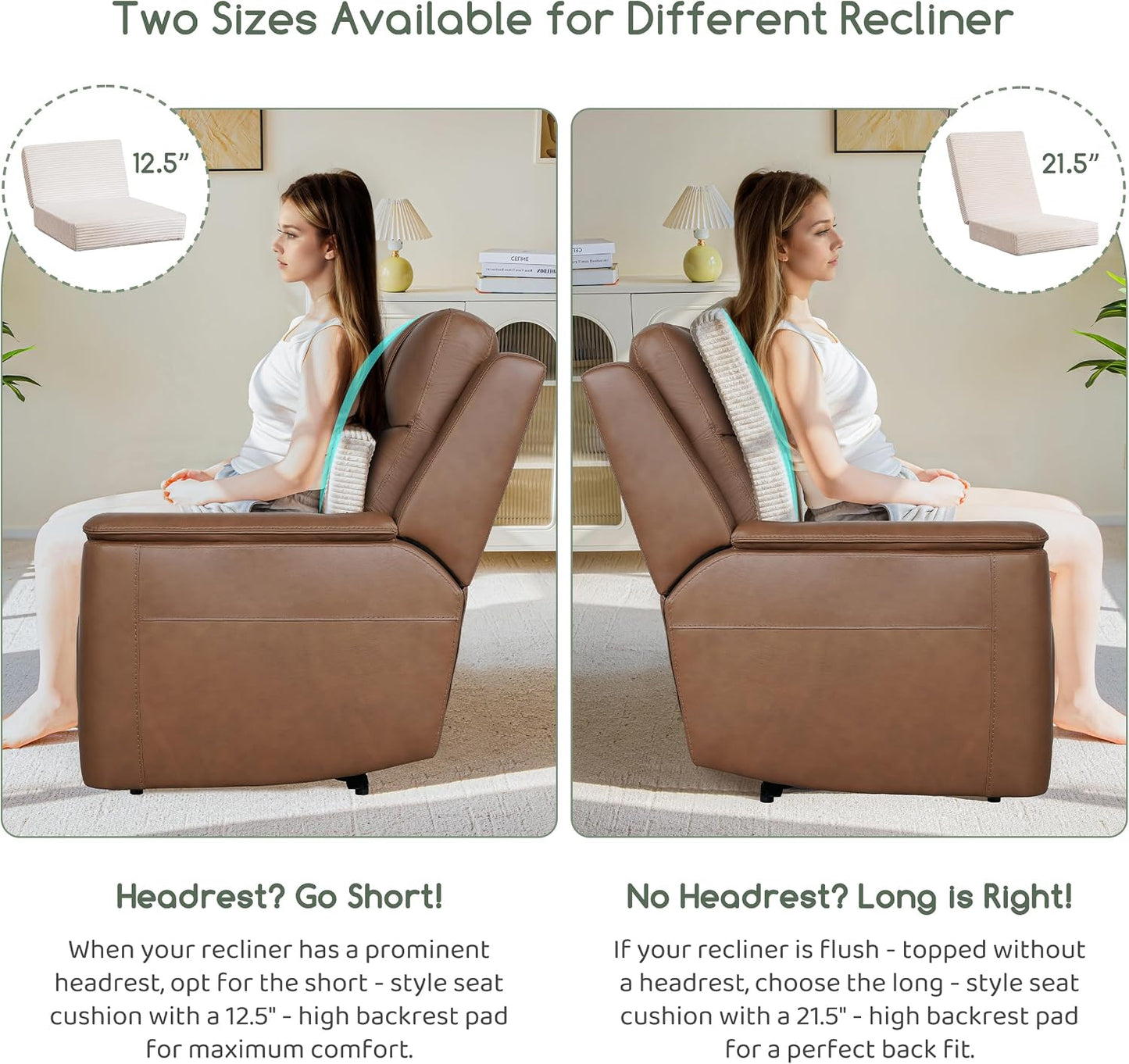 HIGOGOGO Corduroy Recliner Chair Cushion with Lumbar Support Pillow Soft Non-Slip 4" Thick Seat Pad Prevent Buttocks & Back Pain in Seniors (Beige, 12" Backrest)