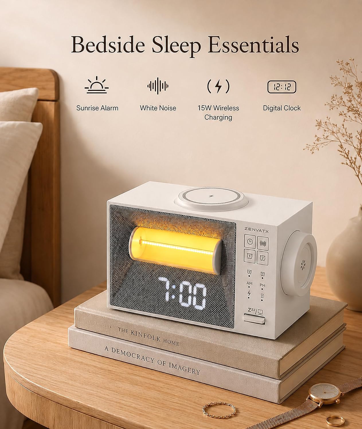 Sound Machine Alarm Clock with Wireless Charger for Bedroom, Hotel | Dual Alarm Clock with Snooze, White Noise Machine for Sleep with 20 Soothing Sound, Gentle Sunrise Wake Up Light, Night Light