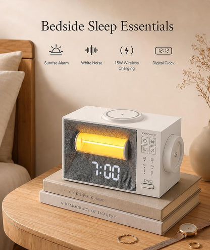 Sound Machine Alarm Clock with Wireless Charger for Bedroom, Hotel | Dual Alarm Clock with Snooze, White Noise Machine for Sleep with 20 Soothing Sound, Gentle Sunrise Wake Up Light, Night Light