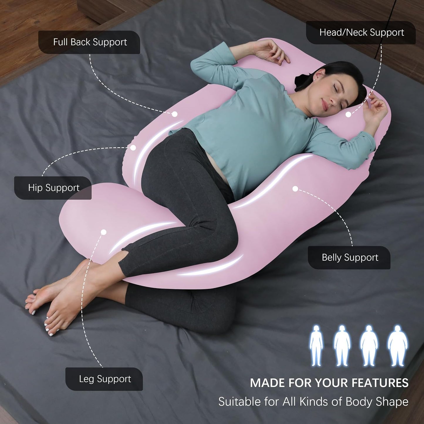 MOON PARK Pregnancy Pillows for Sleeping - 57 Inch U Shaped Full Body Maternity Pillow with Removable Cover - Support for Back, Legs, Belly, Hips - Pregnancy Pillow for Women - Grey