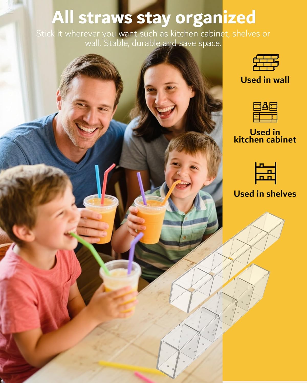 Upgraded 9.5'' Large Acrylic Straw Holder for Cabinet Door, Adjustable Space-Saving Straw Organizer Storage Dispenser for Cabinet with Ultra Sticky Adhesive Strips, 2-Part Rack, Drainage Holes