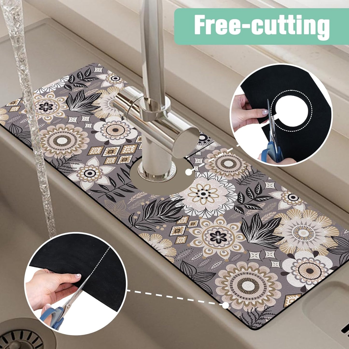 Kitchen Sink Splash Guard Faucet Mat 24" X 5.5" Tropical Leavesl Absorbent Fast Drying Mat Faucet Draining Mat Sink Splash Guard Behind Faucet Drip Catcher for Kitchen Bathroom