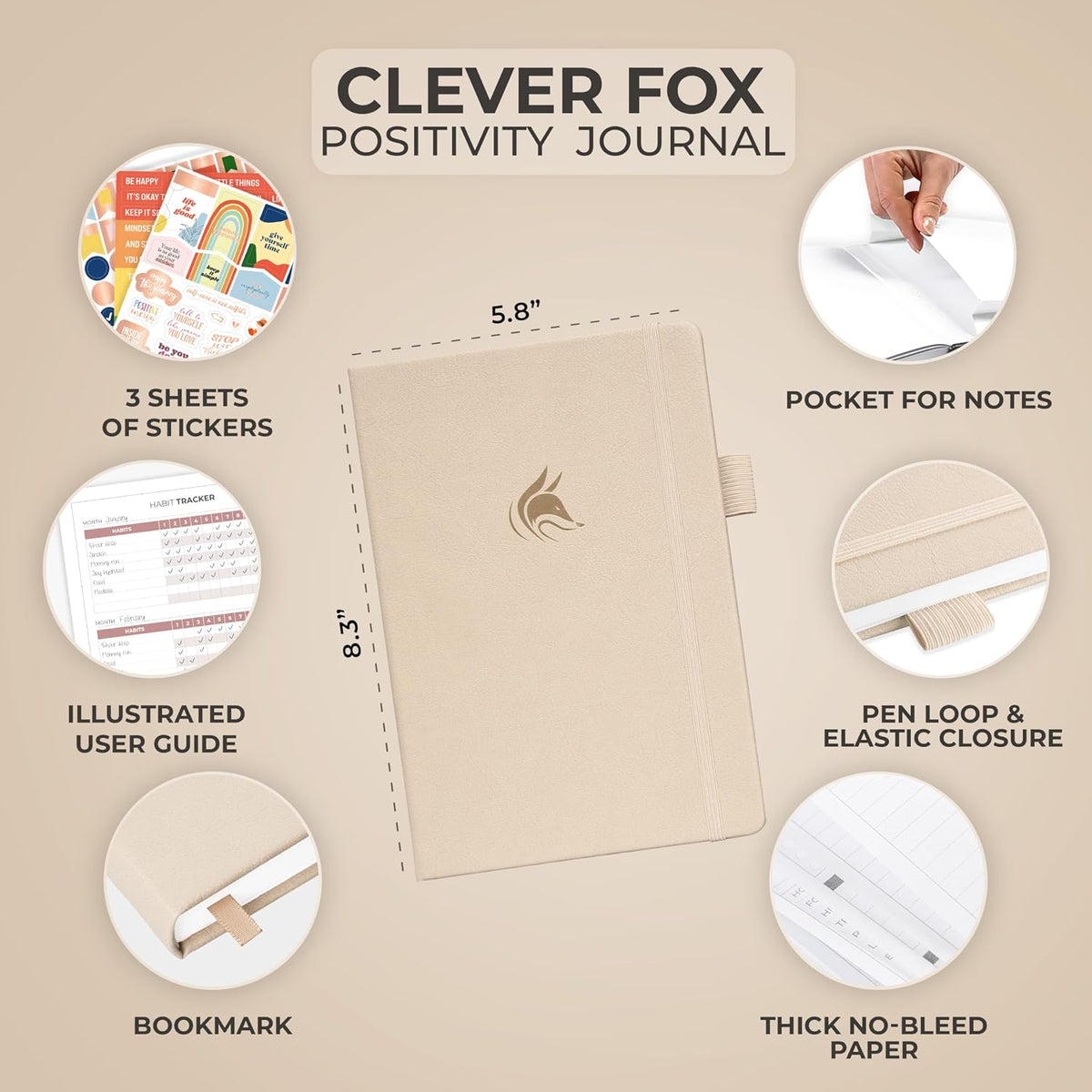 Clever Fox Positivity Journal for Women, 5-minute Gratitude, Seashell