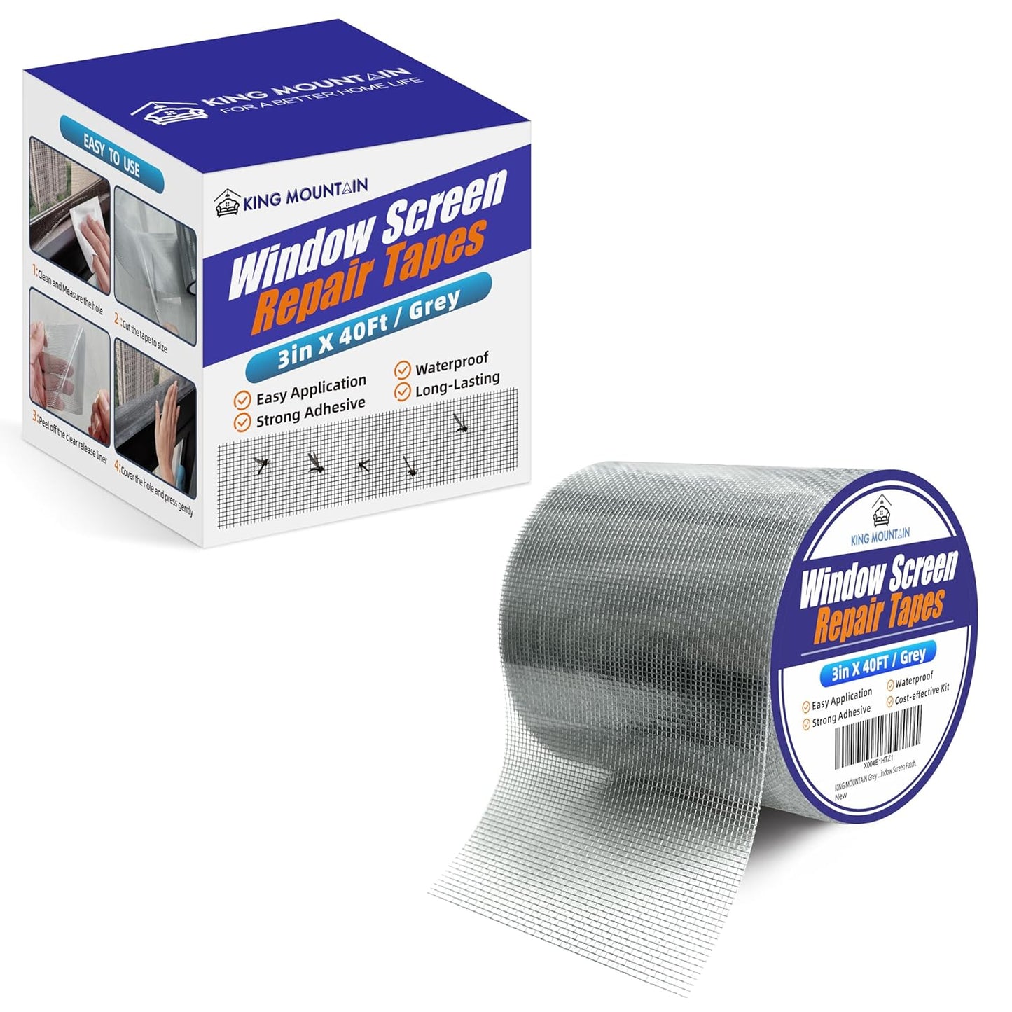 KING MOUNTAIN Grey Window Screen Repair Tape,3inX20FT Heavy Duty Screen Repair Kit for Window Screen and Screen Door Tears Holes,Strong Adhesive & Waterproof Window Screen Patch