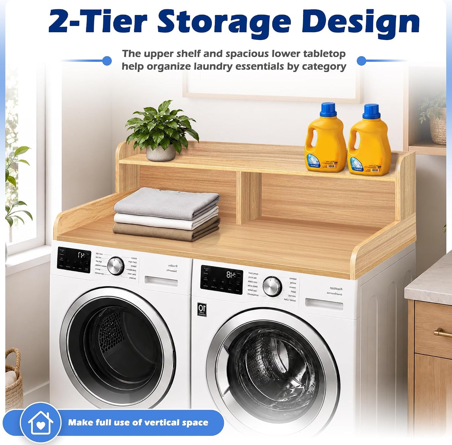 Royxen Laundry Countertop with Storage Universal Fit, Washer and Dryer Countertop with Shelf, Laundry Room Storage, 2-Tier Shelf (Oak)
