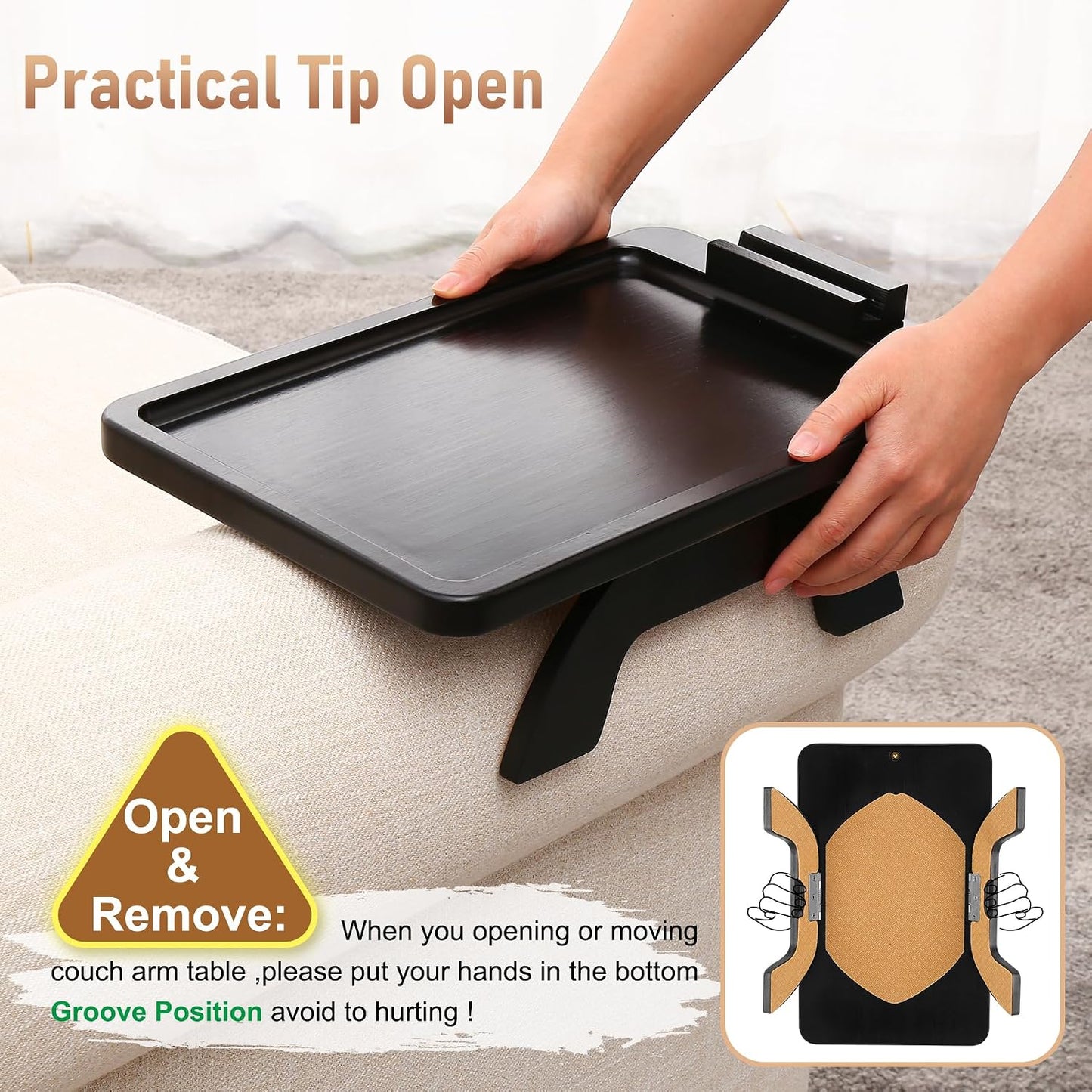 Couch Arm Tray,Bamboo Sofa Clip on Side Table,Foldable Couch Armrest Table with 360°Rotating Phone Holder,Anti Slip Food Trays for Eating/Drinks/Snacks/Remotes 15.35" x 9.85"