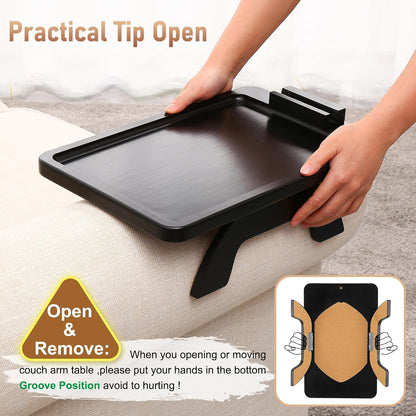 Couch Arm Tray,Bamboo Sofa Clip on Side Table,Foldable Couch Armrest Table with 360°Rotating Phone Holder,Anti Slip Food Trays for Eating/Drinks/Snacks/Remotes 15.35" x 9.85"