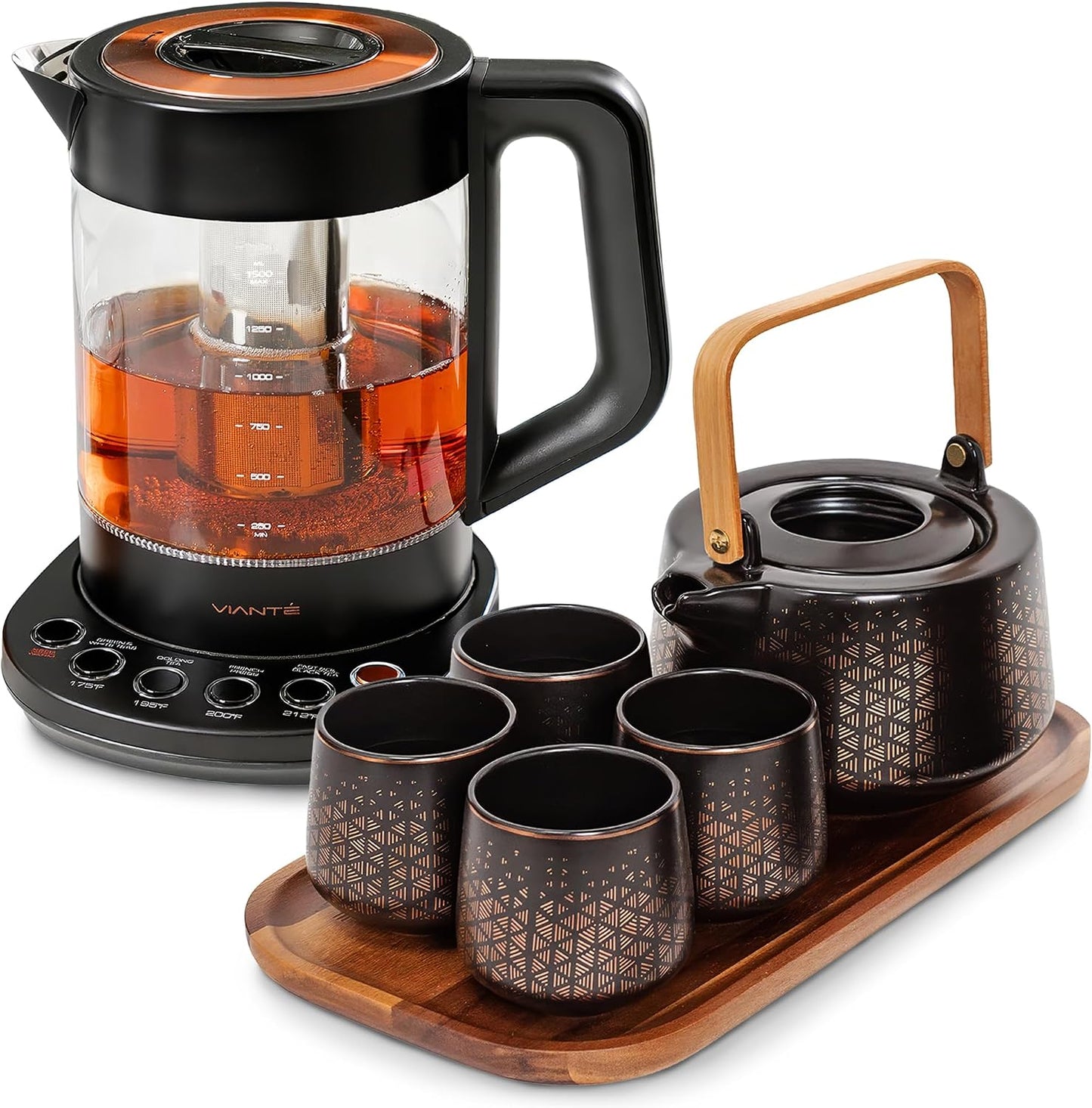Viante Alba Electric Tea Kettle With Infuser, No Plastic, 1.5L | Borosilicate glass & 304 stainless steel construction. 4 temp presets, keep-warm, cordless, auto shut-off