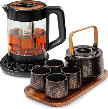 Viante Alba Electric Tea Kettle With Infuser, No Plastic, 1.5L | Borosilicate glass & 304 stainless steel construction. 4 temp presets, keep-warm, cordless, auto shut-off