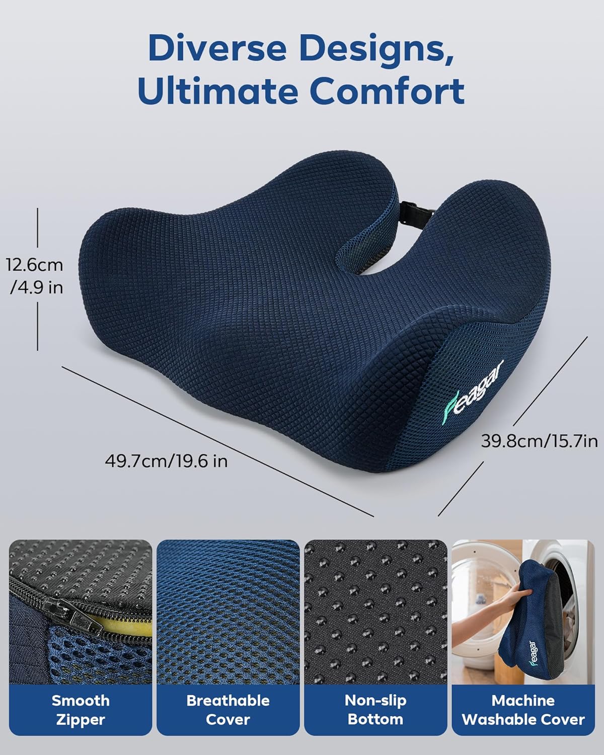 Seat Cushion for Office Chair - Memory Foam Tailbone Cushion | for Desk Chair, Car Seat and Wheelchair - Ergonomic Chair Pad for Hip and Lower Back Comfort - Washable Mesh Cover