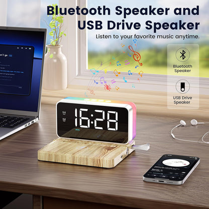 Alarm Clock for Heavy Sleeper,Wireless Charging,Bluetooth Speaker | Dual Alarms for Bedroom,10W Wireless Charging,White Noise Sound Machine, Ideal Gift for Adults,Teens,Kids,Senior (Wood Grain)