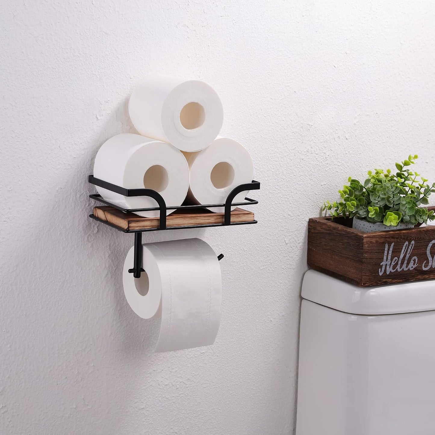 Rustic Farmhouse Toilet Paper Holder with Shelf - Farmhouse Bathroom Rustic Country Decor - Rustic Bathroom Accessories with Warm Brown Wood Shelf for Wipes&Cell Phone&Reading, Black Metal