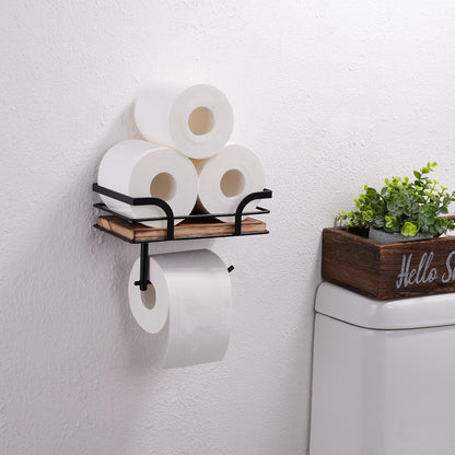 Rustic Farmhouse Toilet Paper Holder with Shelf - Farmhouse Bathroom Rustic Country Decor - Rustic Bathroom Accessories with Warm Brown Wood Shelf for Wipes&Cell Phone&Reading, Black Metal
