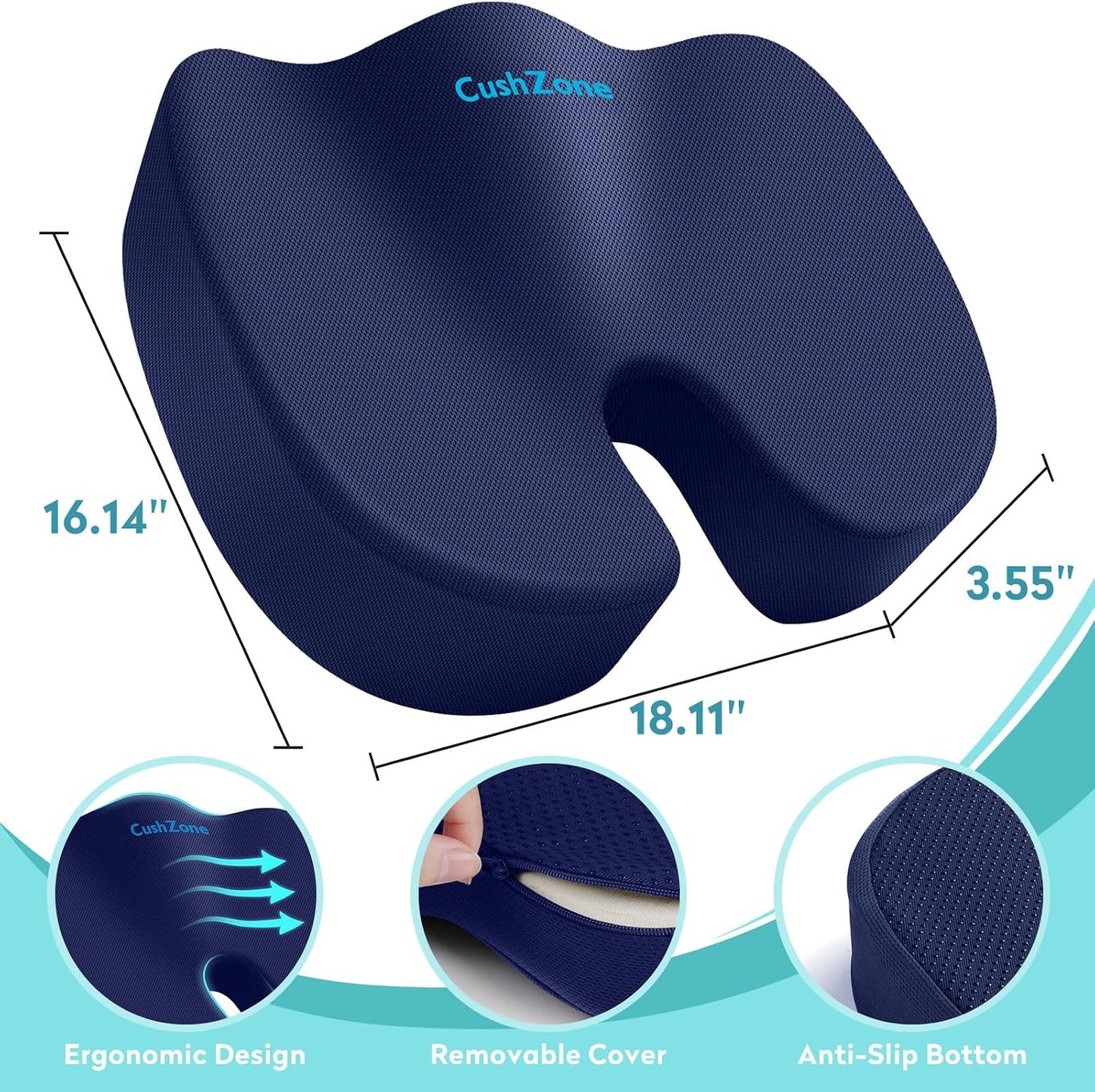 Gel Seat Cushion, Enhanced Memory Foam Cushion for Tailbone Pain, Black | Cooling Gel for Office Chair, U-shaped Design Chair Cushion for Gaming, Car, Wheelchair, Non-Slip Base, Washable Cover