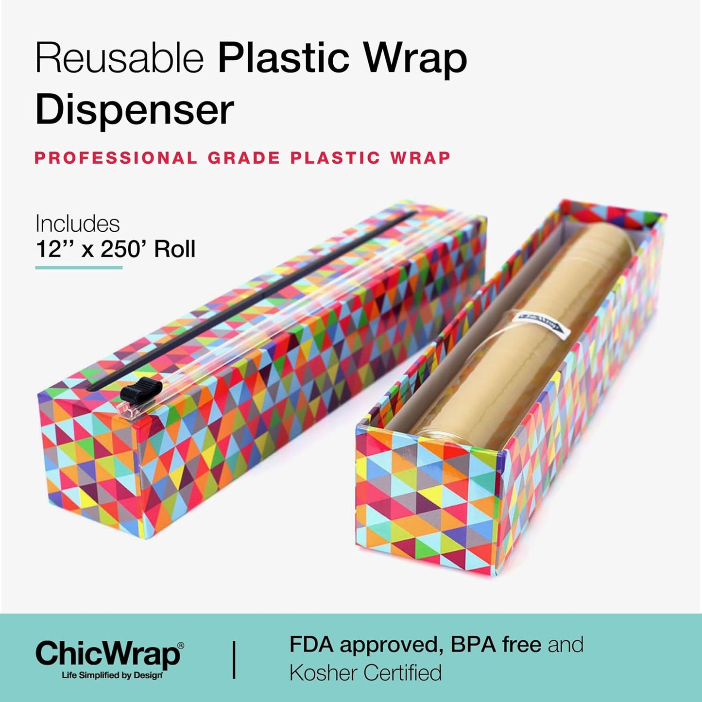 Chicwrap Veggies Refillable Plastic Wrap Dispenser - Includes One 12" x 250' Roll of Professional Grade Plastic Wrap - BPA Free and Kosher Certified - Reusable Dispenser w/Slide Cutter | Reusable Plastic Wrap Dispenser with Four Non-Slip Rubber Feet and
