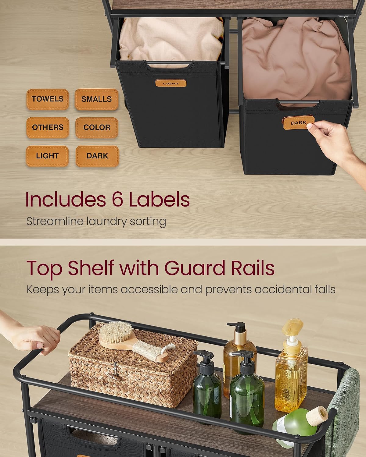 VASAGLE Laundry Sorter with Wheels, 39.6 Gal., 4 Removable Liners | Portable Laundry Cart with Shelf, 150 L, 6 Labels, Ink Black and Chestnut Brown, STEVIE Collection URLS100BH01S