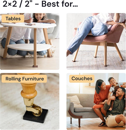 Non-Slip Furniture Pads - 4x4 in Brown, 4 Pack | Square rubber caster cups - anti-skid - Use for heavy sofas, beds & chairs on hardwood floors