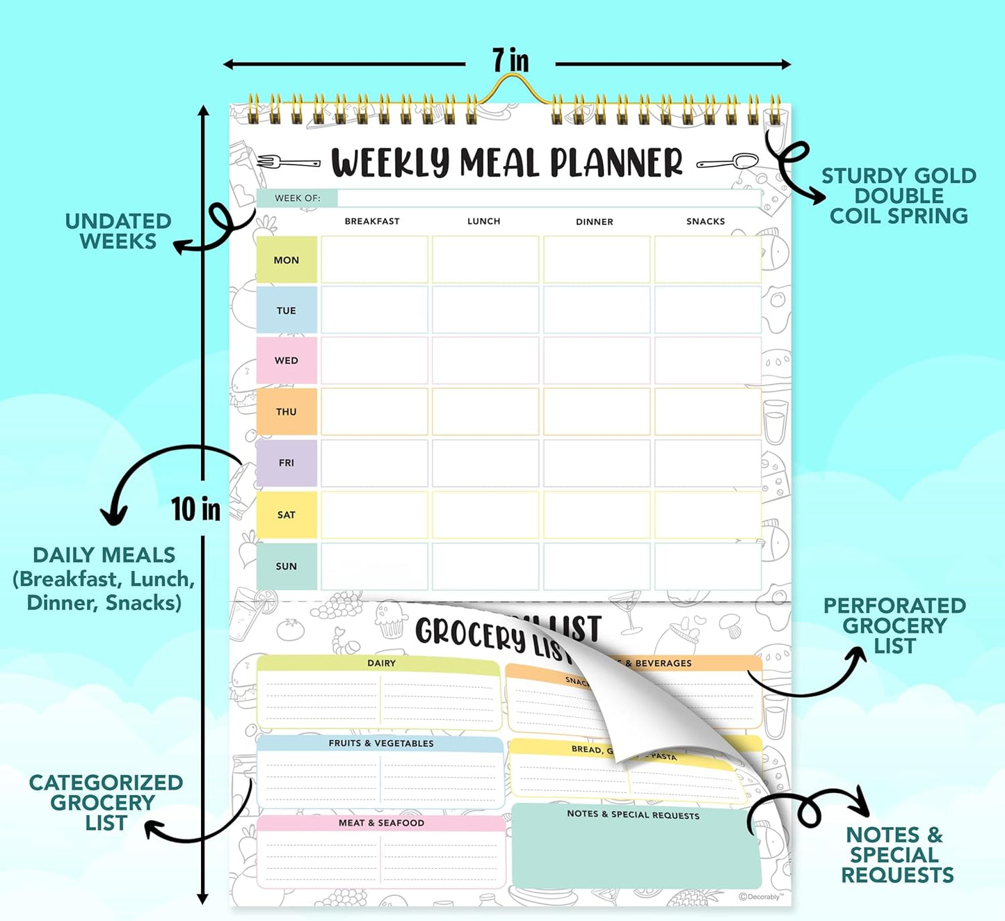 Decorably 52 Sheets Pastel Rainbow Magnetic Weekly Meal Planner for Fridge | 7x10in Undated weekly meal planner and grocery list notepad, 100gsm non-bleed tear-off pad for kitchen & family meal prep