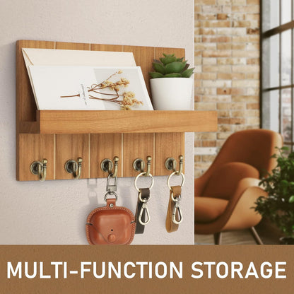 Rebee Vision Key Holder Wall Mount with 5 Key Hooks for Home Decor, Brown | 3.54'' x 10'' x 7.28'', Small Shelf for Display Plant, Key Hangers for Hat, Entryway Space-Saving Storage