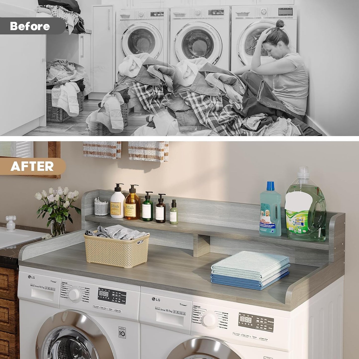 2-Tier Washer Dryer Countertop with 2.75" H Edge Rails, 54" W x 27.55" D Laundry Countertop for Folding Clothes, Washer and Dryer Topper with Non-Slip Pad (Dark Walnut)