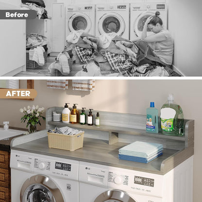 2-Tier Washer Dryer Countertop with 2.75" H Edge Rails, 54" W x 27.55" D Laundry Countertop for Folding Clothes, Washer and Dryer Topper with Non-Slip Pad (Dark Walnut)