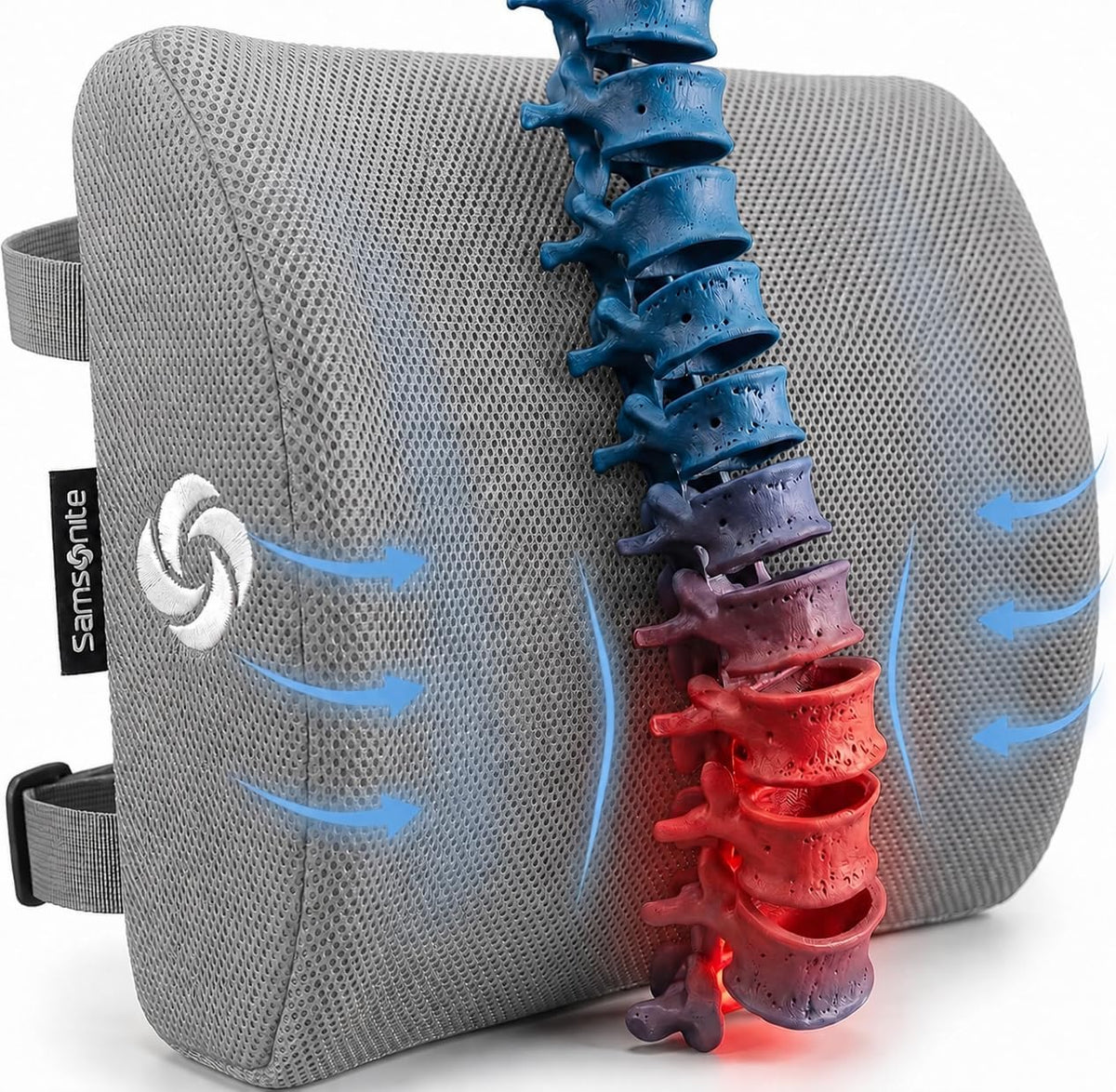 Samsonite Lumbar Support Pillow for Office Chair, Lower Back Support for Car, Back Pillow Desk Chair Cushion with Memory Foam, Improved Posture Backrest