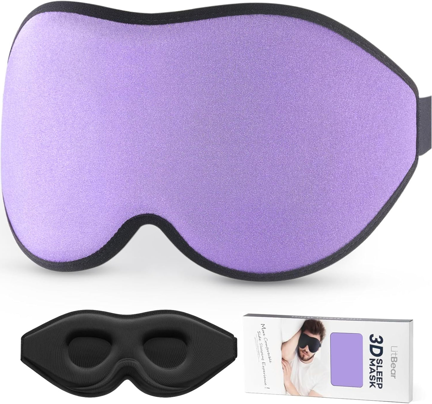 LitBear Sleep Mask for Side Sleeper Women Men, Eye Mask for Sleeping | Light Blocking 3D Contoured Sleeping Mask, Soft Breathable Sleep Eye Mask with Adjustable Elastic Strap for Travel, Black