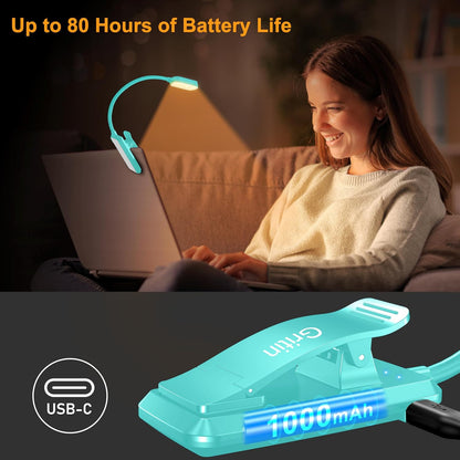 Gritin 16 LED Rechargeable Book Light for Reading in Bed | Eye Caring 3 Color Temperatures,Stepless Dimming Brightness,80 Hrs Runtime,Lightweight Flexible Clip on Light for Book Lovers