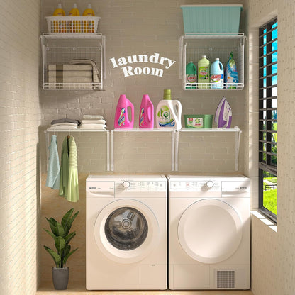 3IngSeagulls 2 Pack Laundry Room Shelves, Wire Baskets with 8 Hooks, Over Washer and Dryer Shelf, Wall Mounted Storage and Clothes Drying Rack, Black