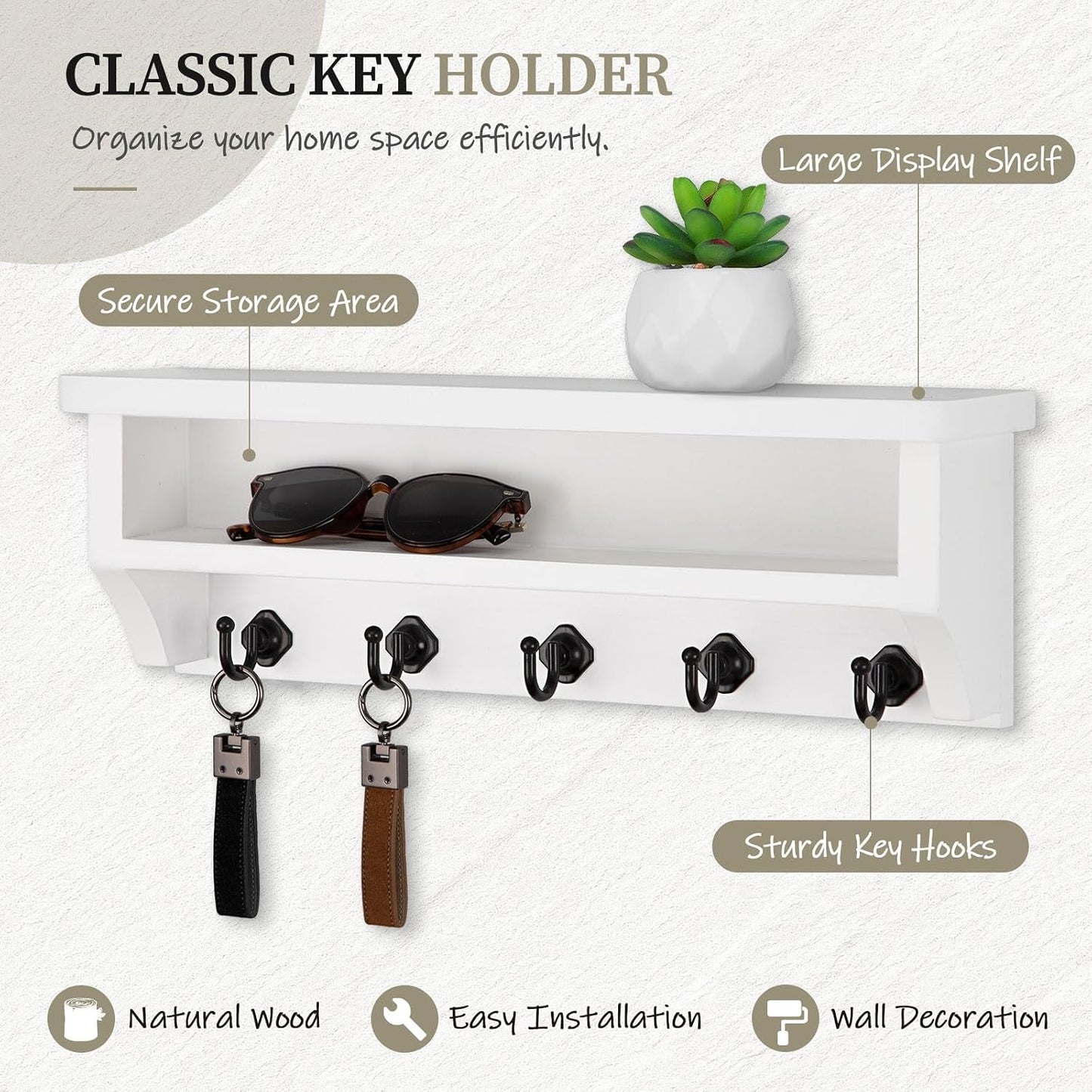 Nekon Key Holder Wall Mount, Wall Organizer Shelf with 5 Key Hooks | Wall Mounted Key Rack Room Decor for Home and Apartment Essentials
