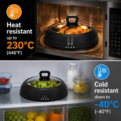 Collapsible Microwave Splatter Cover, Vented Glass Silicone Lid with Heat resistant Handle, Fit Plates Bowls Pots, Safe for Microwave Convection Oven Steamer Dishwasher（grey 11.8in）