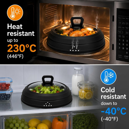 Collapsible Microwave Splatter Cover, Vented Glass Silicone Lid with Heat resistant Handle, Fit Plates Bowls Pots, Safe for Microwave Convection Oven Steamer Dishwasher（grey 11.8in）