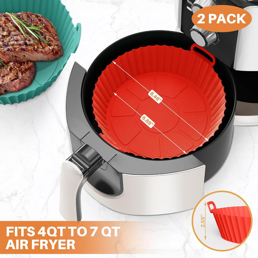 ME.FAN Air Fryer Silicone Liners for 4 to 7 QT [2 Pack] Reusable Air Fryer Basket with Handles & Holes Red