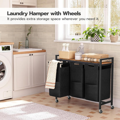 HOOBRO Laundry Sorter 3 Section, Laundry Hamper with Wheels, 3 × 11.5 Gal (43.4L), Rolling Laundry Basket, Pull-Out and Removable Oxford Fabric Laundry Bags, Rustic Brown and Grey BFG76XY01