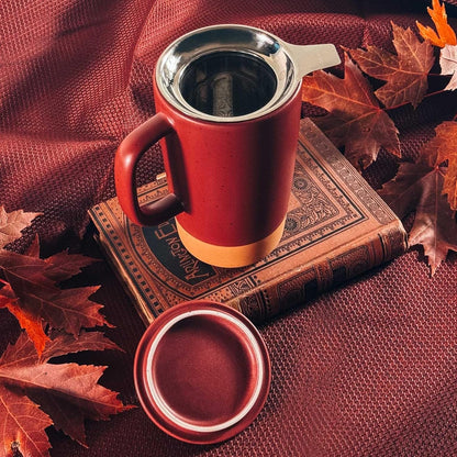 Mora Ceramics Large Tea Mug with Loose Leaf Infuser and Ceramic Lid, 18 oz, Portable, Microwave and Dishwasher Safe, Tall Coffee Cup - Rustic Matte Ceramic Glaze, Modern Herbal Tea Strainer, Olive