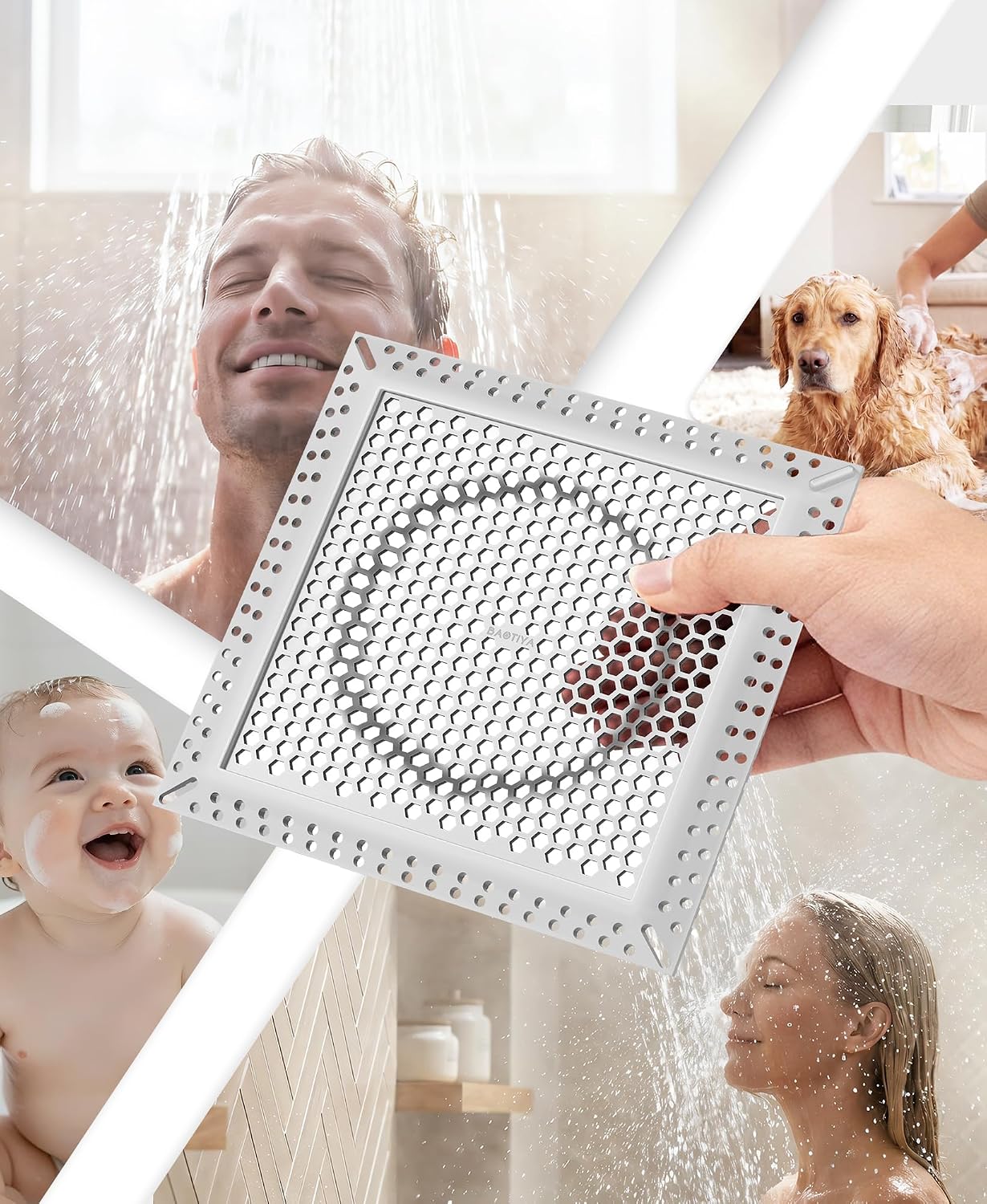 Square Shower Drain Hair Catcher, Anti-Clogging, Gray, 4 inch | Fast Drainage, Anti-Slip & Stays in Place, Stainless Steel & TPE Material, Easy Clean Fits Bathroom Hair Catcher for Shower