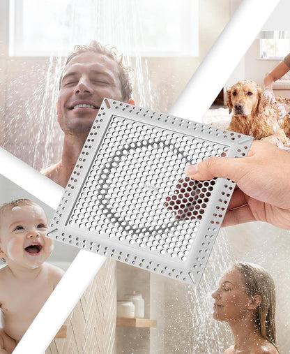 Square Shower Drain Hair Catcher, Anti-Clogging, Gray, 4 inch | Fast Drainage, Anti-Slip & Stays in Place, Stainless Steel & TPE Material, Easy Clean Fits Bathroom Hair Catcher for Shower