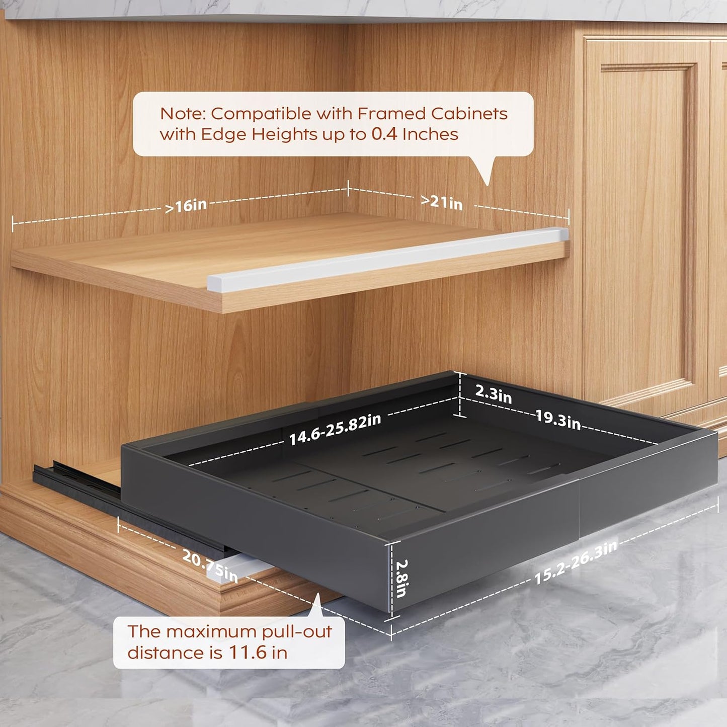 Seinloes 2 Pack Pull Out Cabinet Organizers 21"Deep with Raising Pad for Framed Cabinets,Expandable Slide Out Drawers Upgrade 3 Slide Rails,Roll Out Shelves Adhesive,Adjustable Width 12"-20.45" White