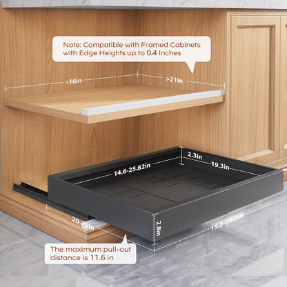 Seinloes 2 Pack Pull Out Cabinet Organizers 21"Deep with Raising Pad for Framed Cabinets,Expandable Slide Out Drawers Upgrade 3 Slide Rails,Roll Out Shelves Adhesive,Adjustable Width 12"-20.45" White