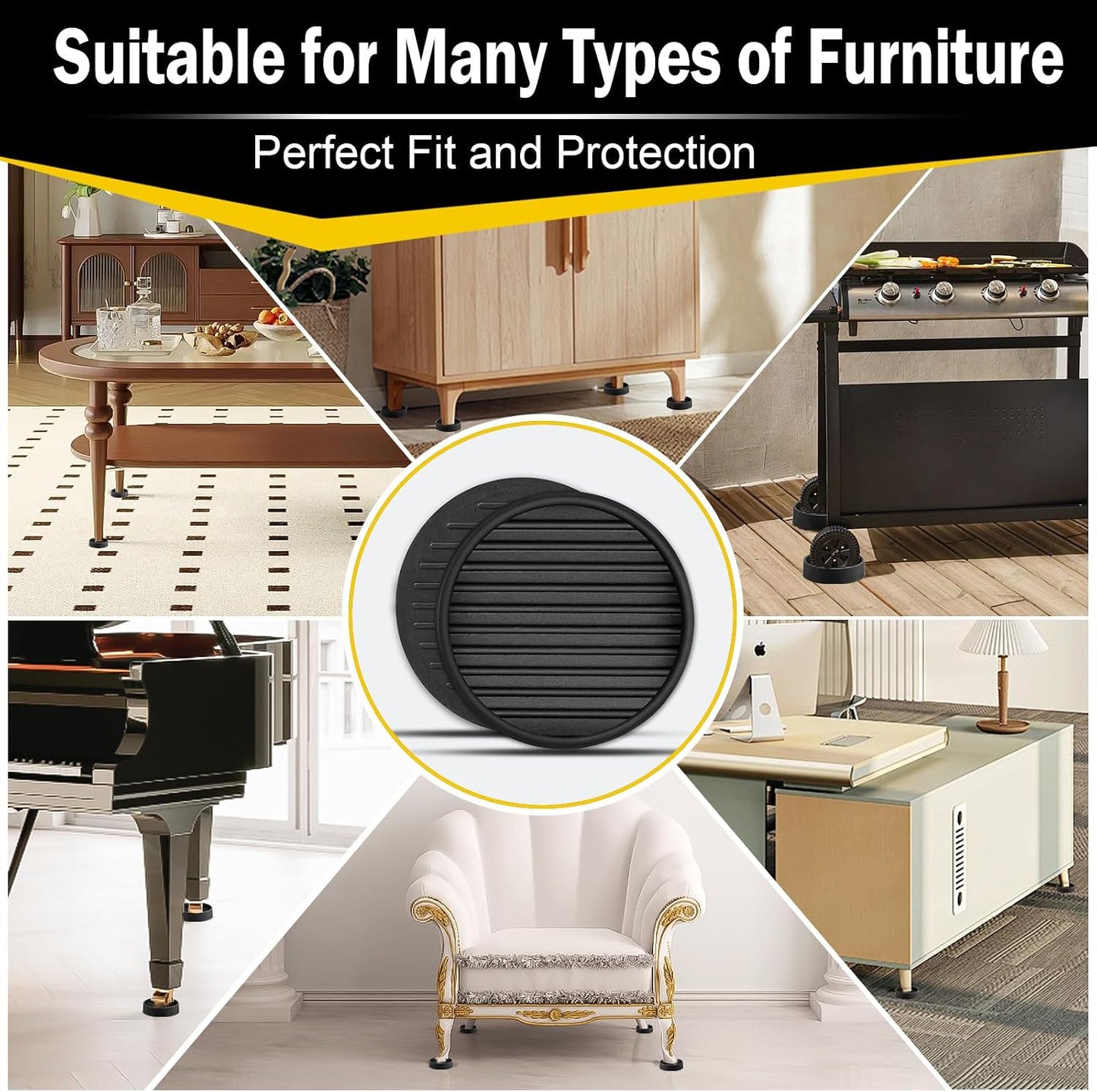 xxxHOLIC Rubber Non Slip Furniture Pads, 2" Black Round, Set of 4 | Furniture Grippers for Hardwood Floors, Anti Skid Caster Cups, Bed Frame & Couch Stoppers, Floor Protectors for Heavy Duty