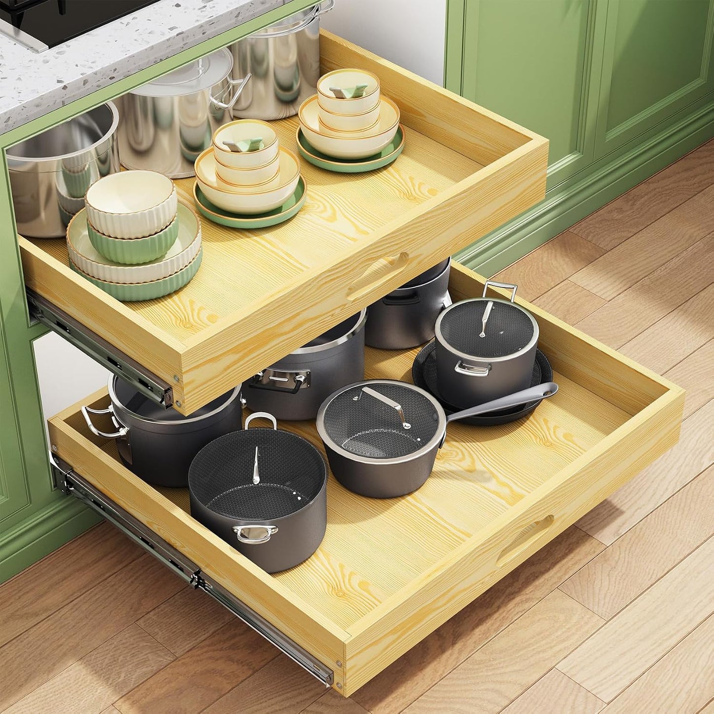 Pull Out Cabinet Organizer, Soft Close Wooden Slide Out Drawers for Pots and Pans, Full-extension Roll Out Shelves for Kitchen Cabinets, Pantry Organization, Bottom & Side Mount(15"W X 21"D x 3.4''H)