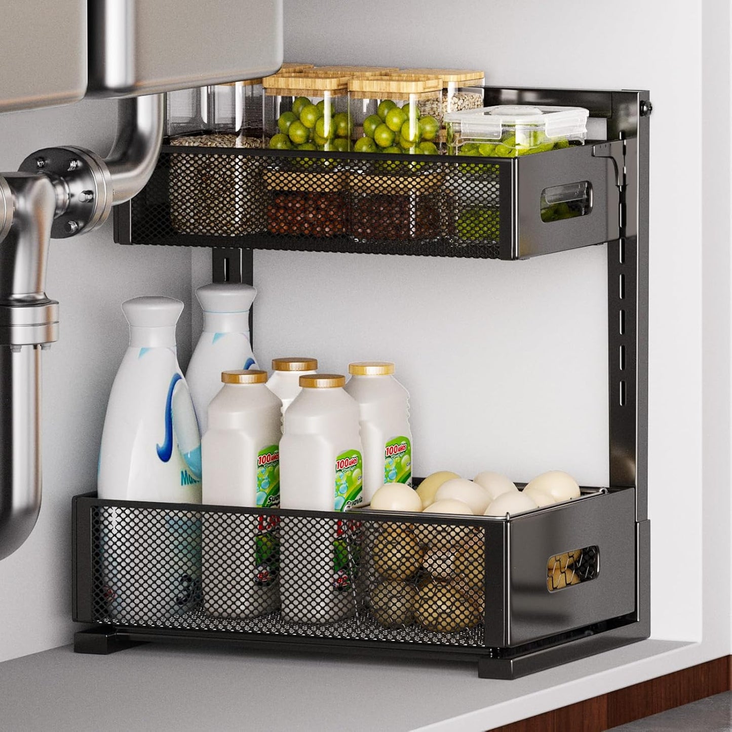 Petiza Under Sink Organizer Adjustable Height 2 Tier Bathroom Organizer Pull Out Cabinet Organer kitchen organizers and storage fridge organizers and storage,White,XL-1 Pack