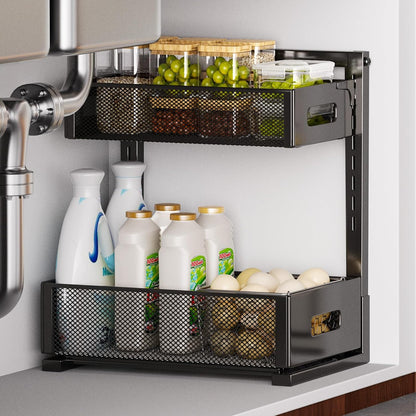 Petiza Under Sink Organizer Adjustable Height 2 Tier Bathroom Organizer Pull Out Cabinet Organer kitchen organizers and storage fridge organizers and storage,White,XL-1 Pack