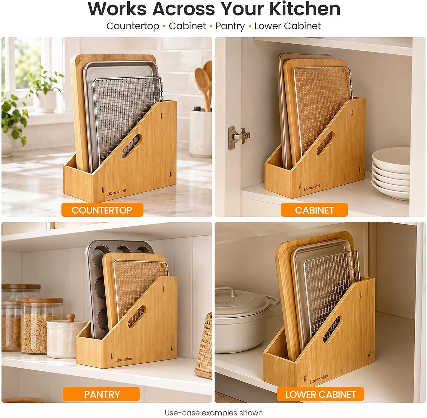 Slim Bamboo Cutting Board Holder & Baking Sheet Organizer | Open-front design keeps small to medium boards and bakeware upright; size: 12.6 x 4.9 x 10.5 in. Measure before purchase